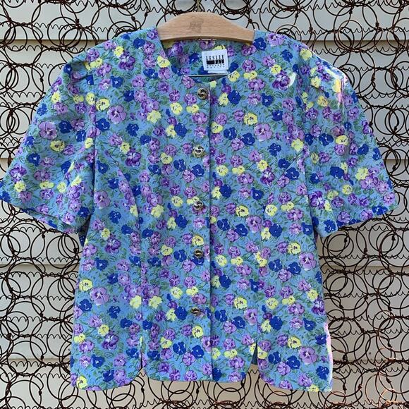 Vintage 90s Leslie Faye blue purple pansy floral pleated skirt & blouse set 12P - Picture 4 of 7